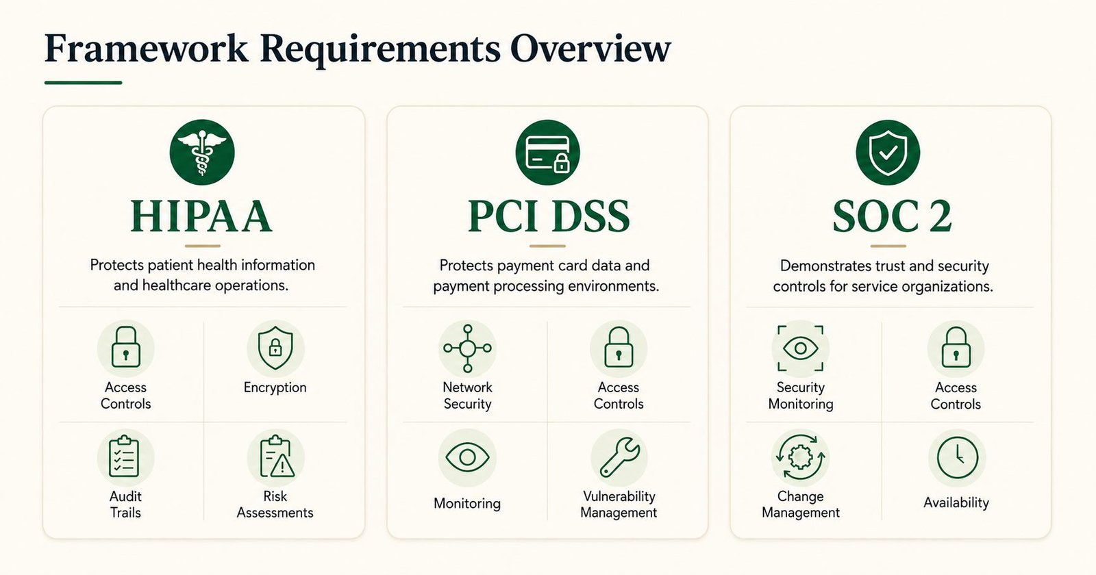 Overview of HIPAA, PCI DSS, and SOC 2 framework requirements