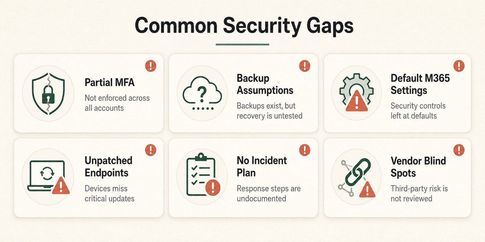 Six common security gaps: partial MFA, backup assumptions, default M365 settings, unpatched endpoints, no incident plan, vendor blind spots