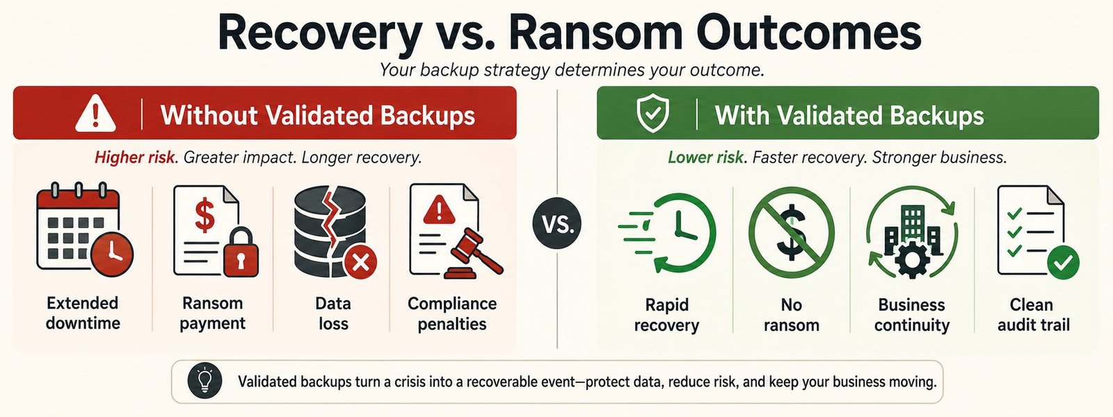 Outcomes without validated backups versus with validated backups