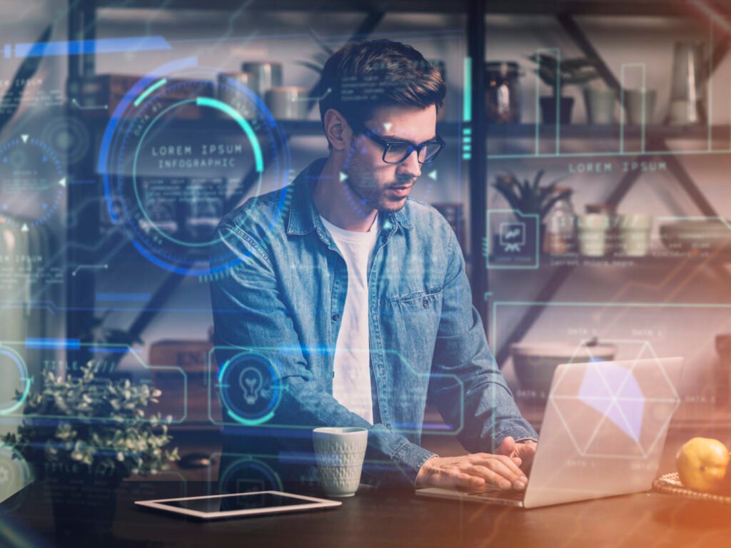 IT specialist working with code on a computer, overlaid with tech data graphics