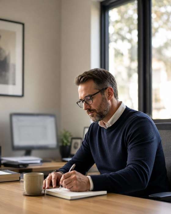 Philotech IT specialist reviewing client documentation at his desk